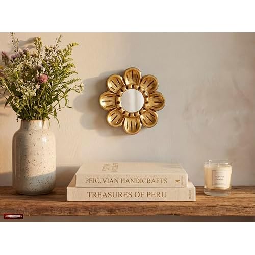 Peruvian Gilded Bronze Leaf Round Mirror 6¡±- Luxury Hand-Carved Wood Flower Wall Art - Small Space Art