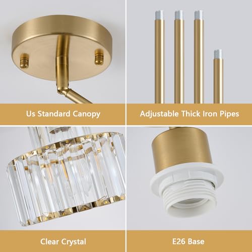 Gold Clear Pendant Lights 2 Pack - Adjustable Brass Modern Kitchen Island Fixtures