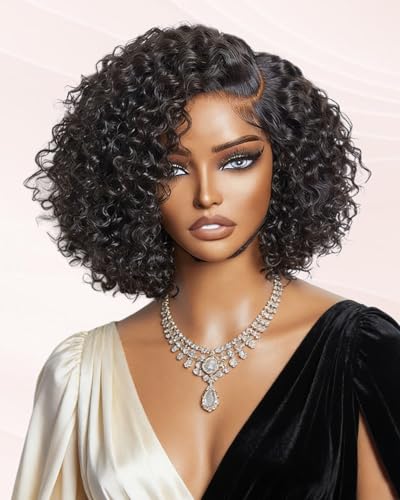 10 Inch Curly Bob Human Hair Wigs Glueless Pre Plucked Natural Color - 300 Density