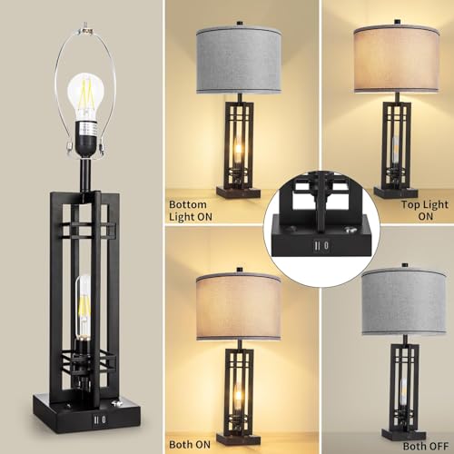 27-Inch Farmhouse Table Lamps Set of 2 with Gray Round Shade - Rustic Touch Control Decor