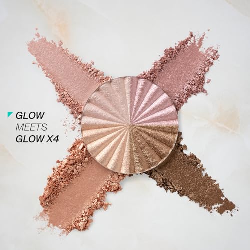 Pressed Powder Highlighter - Face Makeup | X¡¯s & Glow¡¯s - 4 Shades in 1 Pan | Pearl Shimmer Liquid-To-Baked Powder Highlighter | Refillable Pan | Cruelty-Free Beauty Essential | 7g