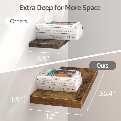 Deep Floating Wall Shelves Set of 3 - 12-Inch Depth, Brown, 35.4 x 12 Inches - Farmhouse Style Variation A