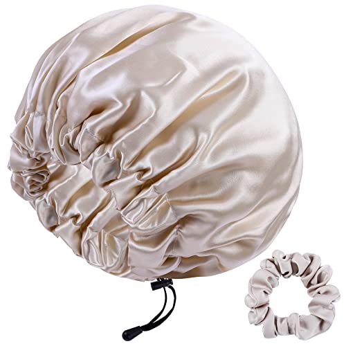 Silk Sleep Cap for Women Men - Adjustable Mulberry Silk Bonnet & Scrunchies
