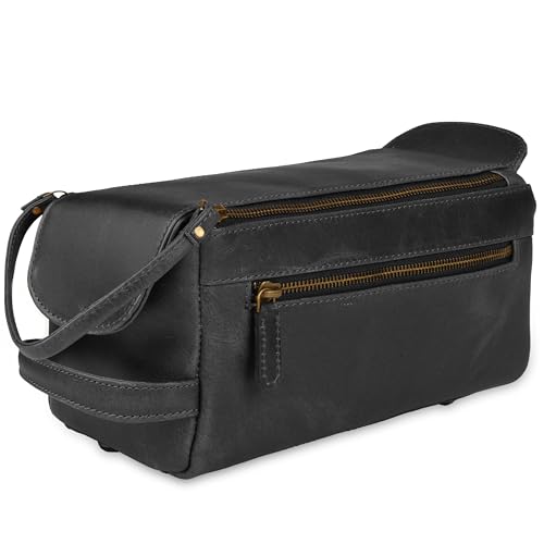 Genuine Leather Travel Toiletry Bag for Men & Women ? Premium Water-Resistant Large Dopp Kit, Shaving Organizer & Compact Bathroom Essentials Case - Black