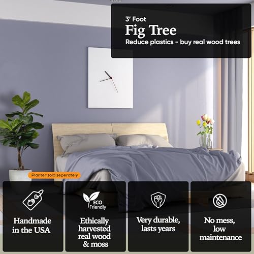 3ft Artificial Fiddle Leaf Fig Tree in Green with Real Wood Trunks - Handmade, Ethically Sourced