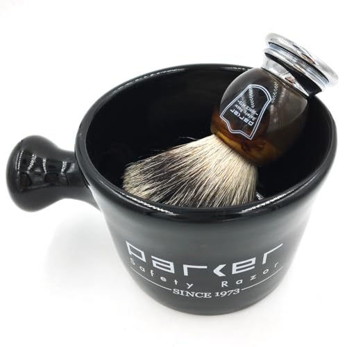 Parker Safety Razor Faux Horn 3-Band Pure Badger Shaving Brush + Stand, 22mm Knot