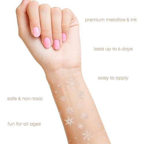 Flash Tattoos Winter Frost Metallic Temporary tattoos-2 sheet mini pack | Includes over 36 premium silver foil snowflake tattoos | snowflake glitter, snowflake sticker, Frozen party favor