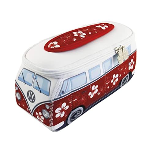BRISA VW Collection - Volkswagen Neoprene Universal Makeup Cosmetics Toiletry Travel Pharmacy Bag in T1 Bus Design (Hibiscus/Red) (Small (9.1 x 4.3 x 3.1 inches))