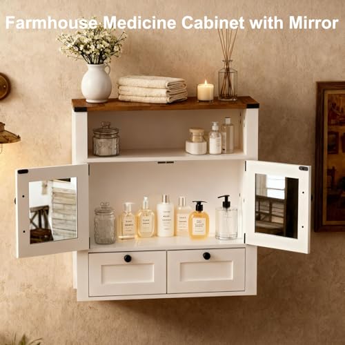 Farmhouse Bathroom Wall Cabinet with Mirror, Wall Mount Storage Shelf