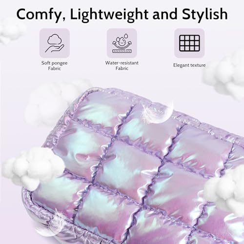 Quilted Cosmetic Bag, Puffer Makeup Bags, Crossbody Purses for women,Cute Travel Toiletry Bag for Women (Dazzling Light Purple)
