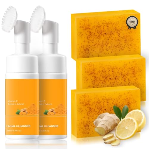 Turmeric Wash and Care Kit - 5 Pieces with Face Brush, Exfoliating Pads, Soap Bars & Oil - Natural Skincare Set