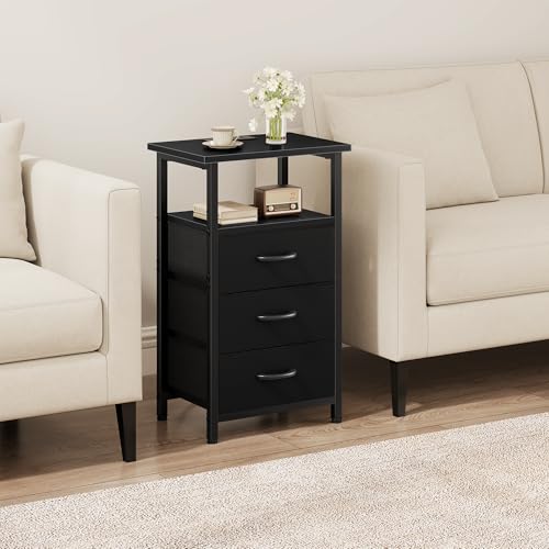 Nightstand Set of 2 with Charging Station - Bedside Table with USB Ports, Outlet & 3 Fabric Drawers (Black) (2 Pieces)