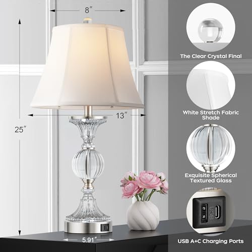 Glass Table Lamps Set of 2 - Modern Dimmable Touch Nightstand Lamps with USB - Brushed Silver & Clear