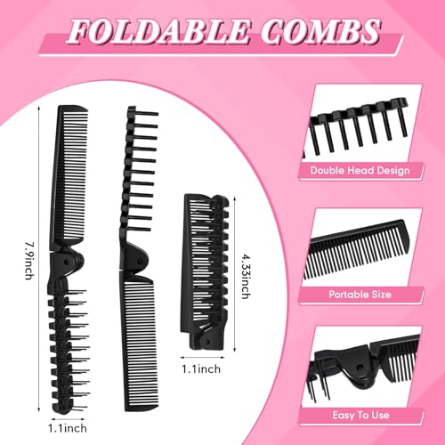 Foldable Travel Hair Brush Set - Double Headed Compact Wig Styling Comb - Black