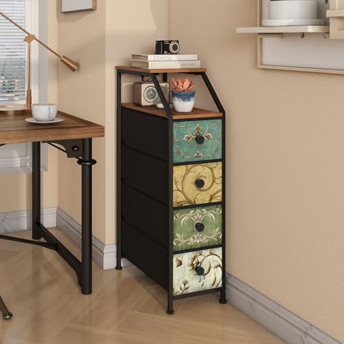 Retro Flower Narrow Vertical Dresser with Charging Station, 4 Drawers - Slim Storage Tower for Bedroom, Bathroom, Small Spaces