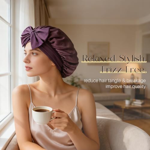 Silk Sleep Bonnet for Women - 100% Mulberry Silk, Long Ties, Dark Mauve - One Size