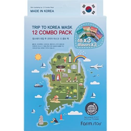 FARMSTAY Trip To Korea Facial Mask Sheet 12 Combo Pack Korean Skincare Mask Combo, Hypoallergenic,Moisturizing,Nourishing,Vitalizing, Refreshing0.77 fl.oz.*12 ea