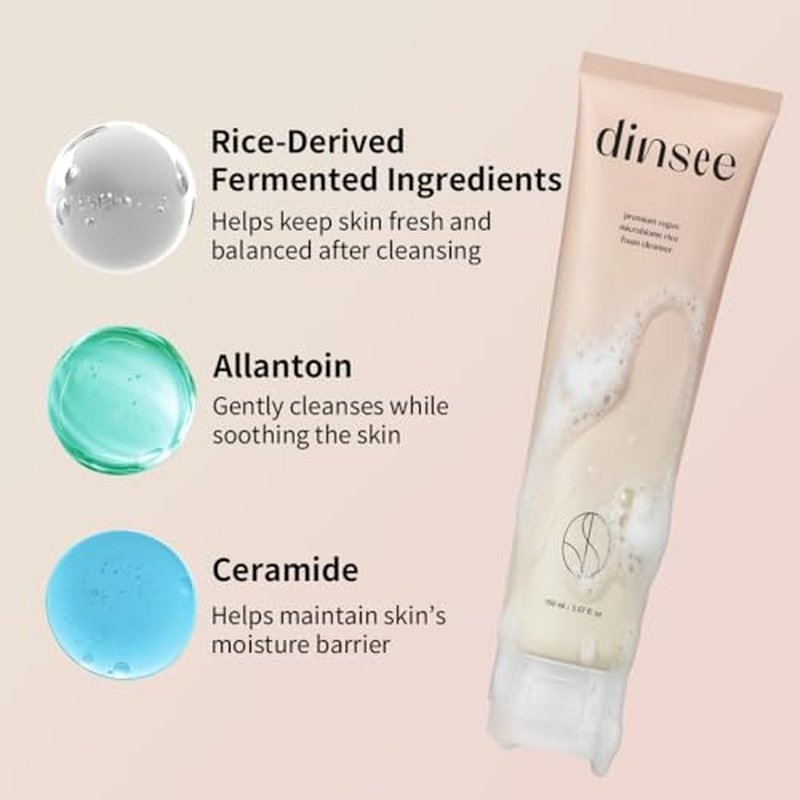 DINSEE Premium Vegan Microbiome Rice Foam Cleanser- Gentle Korean Rice Face Wash, Vegan Face Cleanser, Daily Facial Cleanse, Makeup remover, Reduce Sebem, 150ml / 5.07fl.oz