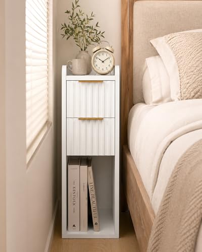 Set of 2 Narrow Wooden Nightstands - 7.9-inch Slim Bedside Tables with Fluted Drawers for Small Spaces, Modern White