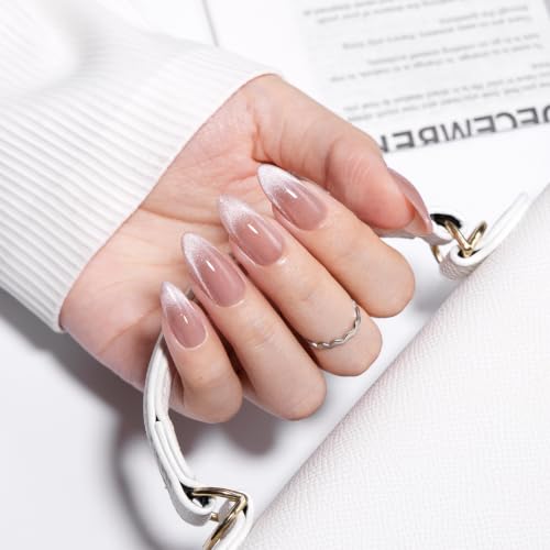 Opal Glow Press On Nails Kit - Medium Almond Cat Eye French Tip Nude Pink Shimmer, Reusable Salon Quality with UV Gel, 32 Pieces