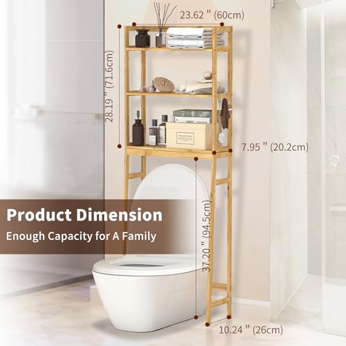 BAMBANG Natural Bamboo Over-the-Toilet 3-Tier Storage Shelf with Adjustable Height & Hooks