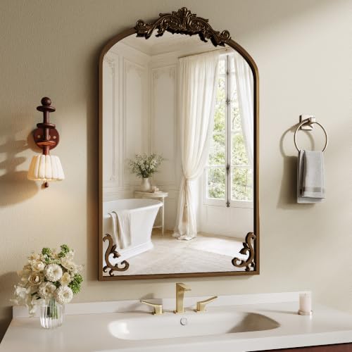 Vintage Wall Mirror 36x24 Inch Arched Antique Frame - Dark Gold Bronze