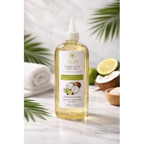 fleur de spa Complete Dry Oil ? Coconut & Lime | Lightweight, Fast-Absorbing Body & Hair Oil | Non-Greasy Botanical Hydration with Sunflower, Jojoba & Vitamin E | 8 fl oz