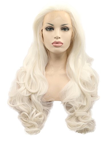 Morvally 24-Inch Platinum White Wavy Lace Front Wig, Glueless, Heat-Resistant Synthetic Hair
