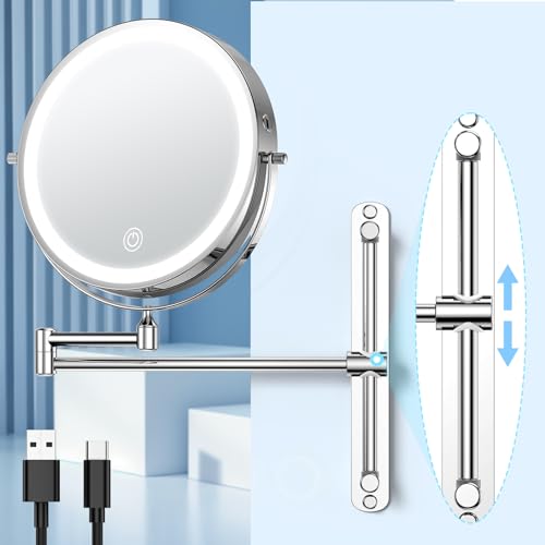 Gospire 8.5" Rechargeable Wall Mounted Lighted Makeup Mirror with Magnification 10X, Adjustable Brightness & Height, 3 Light Colors, 360¡Æ Rotation, Magnifying Mirror with Light for Women - Chrome