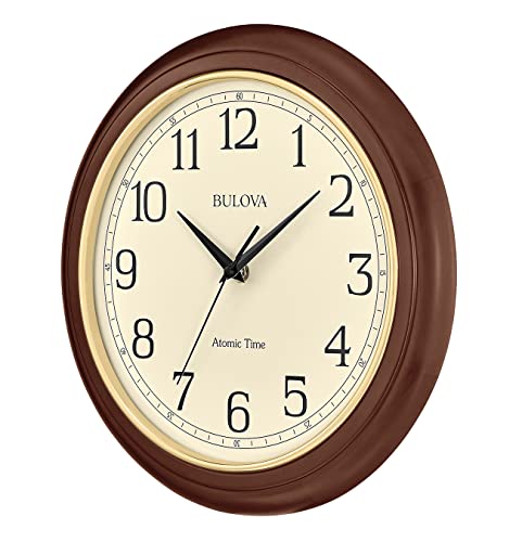 Large Atomic Time Wall Clock 12.4 Inch Wooden Frame Auto-Set Quartz