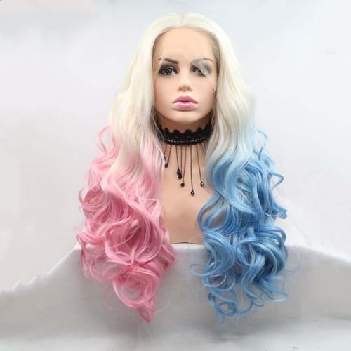 Xiweiya 24in Long Wavy Lace Front Wig for Women - Platinum Blue Pink Ombre Synthetic Hair, Heat Resistant, Cosplay Halloween