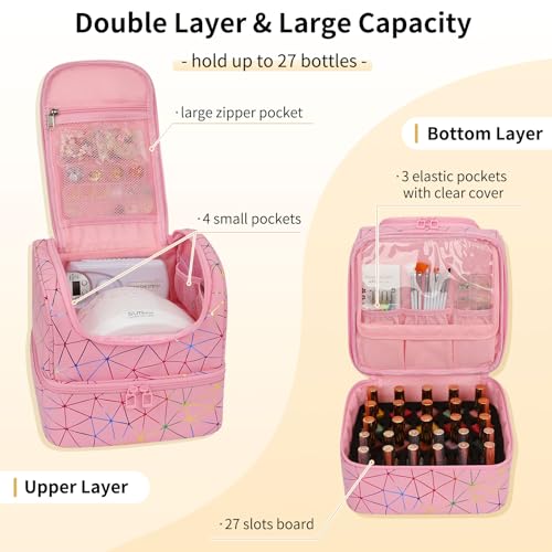 CUBETASTIC Triangle Pink Nail Polish Organizer Bag - Holds 27 Bottles & Lamp, Travel Manicure Case