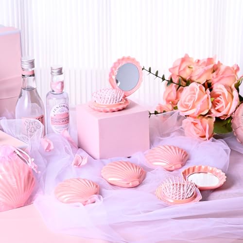 Pink Shell Shape Foldable Travel Makeup & Hair Mirror Set - 12 Pcs Gift Set