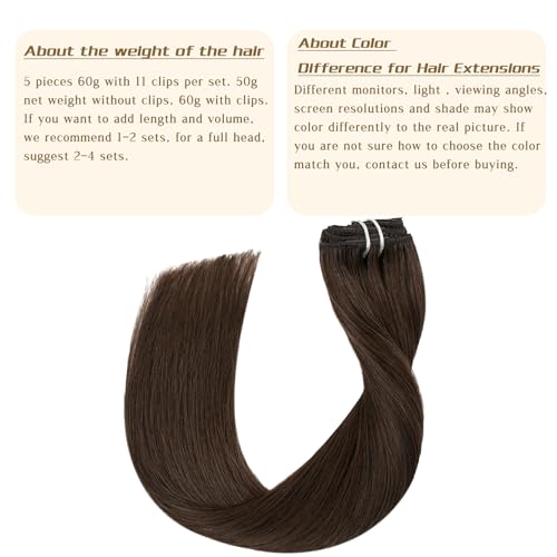 22 Inch Dark Brown Clip-In Human Hair Extensions - Double Weft, 60G, 5PCS