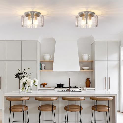 Xeruyiwa Nickel Brushed Nickel 3-Light Hammered Glass Semi-Flush Ceiling Light