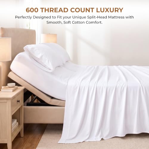 King Split Head Flex Top Bed Sheet Set - 100% Egyptian Cotton, 600 Thread Count, Adjustable Fit - White Solid (34 Inch Split) - 4 Piece