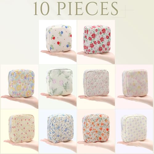 Cotton Quilted Makeup Bag Set - Floral Style, 10 Pcs, Travel & Bridesmaid Gifts - 5.12 x 4.72 x 1.97 Inches