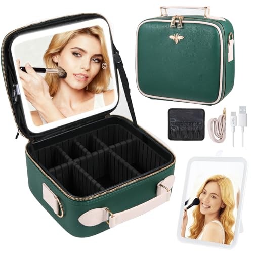 Travel Makeup Bag with Light Up Mirror, Portable Makeup Bag with Led Light Women Waterproof Makeup Travel Case adjustable dividers Rechargeable Vanity Mirror with 3 Color Lights (Green)