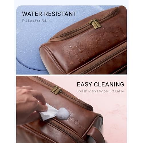 Elviros Toiletry Bag for Mens PU Leather Travel Organizer Kit with Hanging hook, Large Water-resistant Toiletries Bathroom Shaving Bags (Extra Large, Dark Brown)