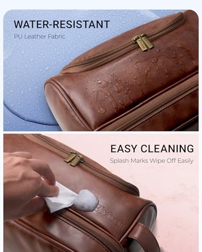 Elviros Men's PU Leather Toiletry Bag Large Dark Brown Travel Organizer