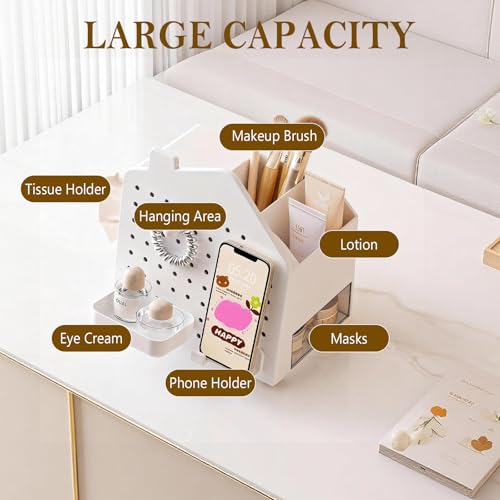 Makeup Organizer with Compartments and Drawer, Cosmetic Storage for Dresser, Vanity, and Bathroom Countertop, Skincare and Perfume Organizer