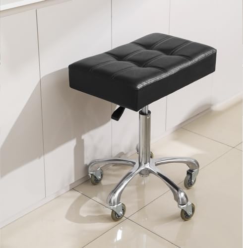 Heavy Duty Adjustable Rolling Lab Stool with Wheels - Black, 21 Inch Wide Seat