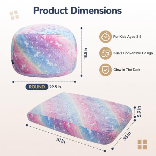 COMAX Rainbow Unicorn Kids Bean Bag Chair 3-in-1 Bed, 29.5"x29.5"x18.5" Multi-Color