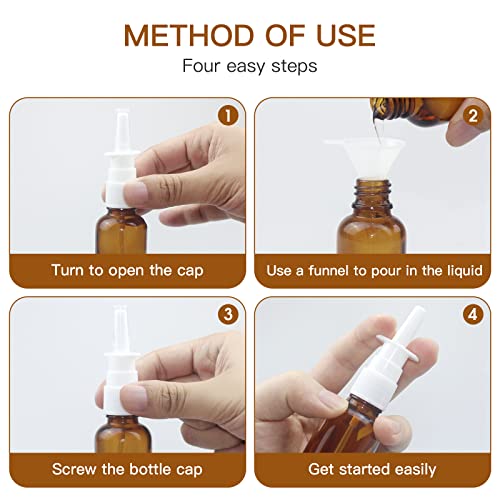 Nasal Spray Bottle, 6 Pcs 30ML/1oz Glass Amber Refillable Fine Mist Sprayers Atomizers, Small Empty Nasal Sprayer with Funnels and Labels