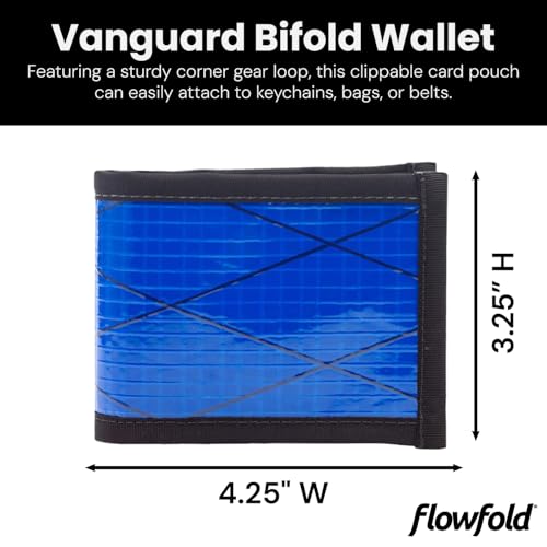 Flowfold Vanguard Recycled Sailcloth Bifold Wallet | Slim and Durable with Cash pocket, Two Hidden Card Pockets and Two ID Windows | Holds 10-12 Cards | Minimalist Wallet Made in USA | Blue Sailcloth