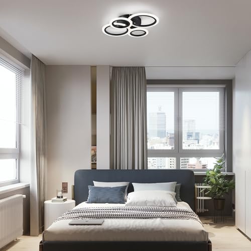 4-Light LED Flush Mount Ceiling Light - Black Modern Geometric Rings - Not Dimmable