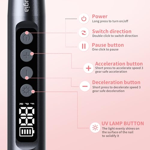 Brushless Nail Drill with UV Light, 35,000 RPM Electric Nail File for Acrylic Gel Dip Powder Nail Tool, Portable Rechargeable Manicure Pedicure Kit, Rose Gold