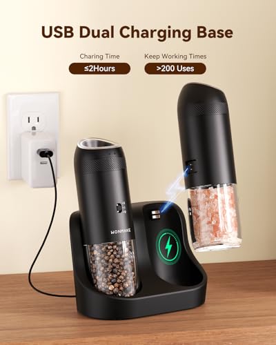 WONMAKE Gravity Electric Salt and Pepper Grinder Set Black - Dual Speed & Adjustable Coarse