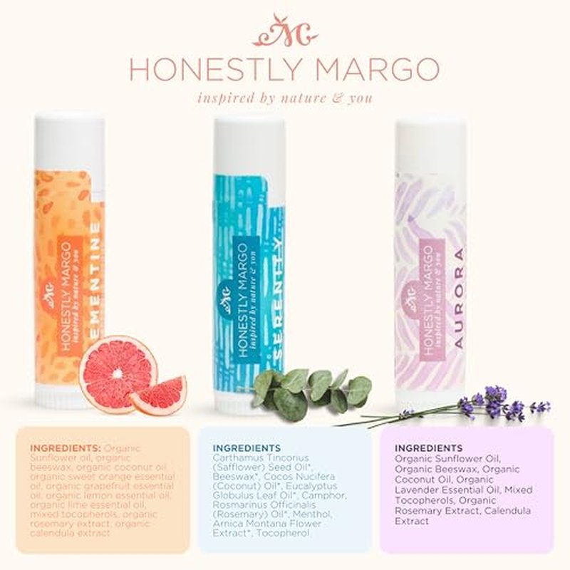 Honestly Margo Aromatherapy Balm Stick Trio (Menthol Eucalyptus, Lavender, and Citrus) ? Organic Citrus, Eucalyptus Essential Oil, and Lavender Essential Oil Lip Balm, Mess-Free Convenient Design