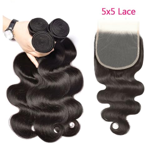 Brazilian Body Wave Hair Bundles with Closure 16 18 20 + 14 Inch Natural Color